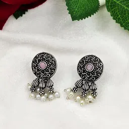 Yash Jewels Emporiums Silver-Plated Stones Studded & Beaded Circular Drop Earrings-image-42