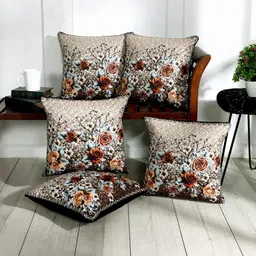 BLUEDOT Brown & Off White Floral Velvet 5 Pieces Square Cushion Covers-16 inch x 16 inch-picture-10