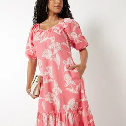 max Women Cotton Floral Printed Puff Sleeve Drop-Waist Midi Dress-picture-41