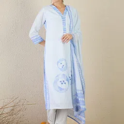 Indo Era Women Ethnic Motifs Printed Regular Linen Kurta with Trousers & With Dupatta-picture-18