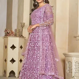 Warthy Ent Floral Embroidered Net Semi-Stitched Dress Material image 3