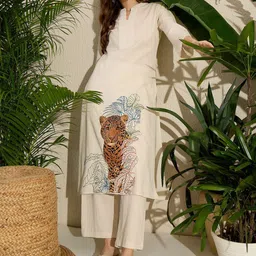 Indo Era Women Embroidered Mandarin Collar Top & Trousers Co-Ords-image-0