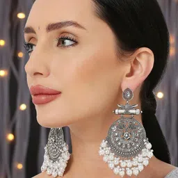 fabula Silver Kundan And Pearls Stones Studded And Beaded Peacock Shaped Drop Earrings-picture-36