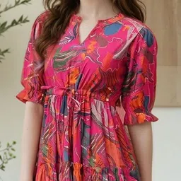 PTVIZE Printed Puff Sleeve Tiered Fit & Flare Midi Dress image 2