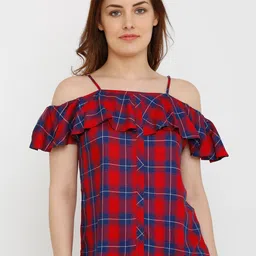 Kraus Jeans Women Checked Off-Shoulder Cold-Shoulder Bardot Top-picture-35