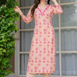 BHATRAS Women Floral Printed Regular Thread Work Pure Cotton Kurta with Trousers-picture-11