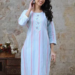 AUZAAI COLLECTION Striped Round Neck Pure Cotton Straight Kurta With Trousers-picture-19