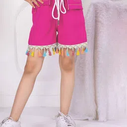 Lagorii Girls Embellished Linen Overcoat With Top And Tassel Work Shorts Set image 4