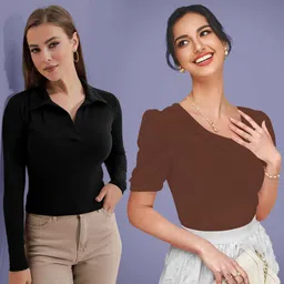 navyankaa Pack of 2 Casual Puff Sleeves Solid Women Brown Top image 1
