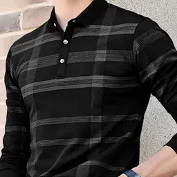 faoes Men Checkered Polo Neck Polycotton Black T-Shirt-picture-17