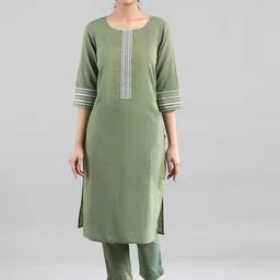 AURELIA Women Green & White Yoke Design Kurta image 1