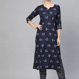 Idalia Women Navy Blue & White Khari Print Kurta with Trousers-picture-14
