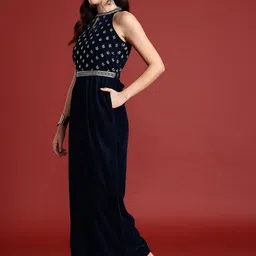 Anouk Halter Neck Printed Embroidered Culotte Jumpsuit with Belt image 2