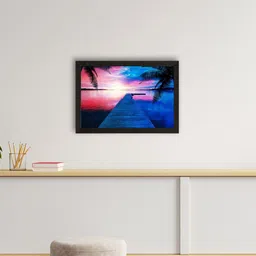 eCraftIndia Blue & Pink Beach View Satin Matte Wall Art image 1