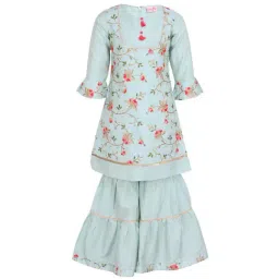 Cutecumber Kids Green Embroidery Kurta With Sharara Pants-image-37