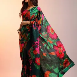 navyasa by liva Dark Green Printed Saree With Unstitched Blouse image 3