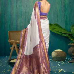 Satrani White & Purple Woven Saree With Unstitched Blouse image 3