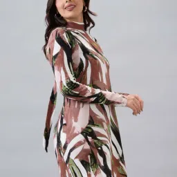 Globus Women Brown High Neck Back Tie-Up Long Sleeves Abstract Brushstroke Print Mini A-Line Dress image 3