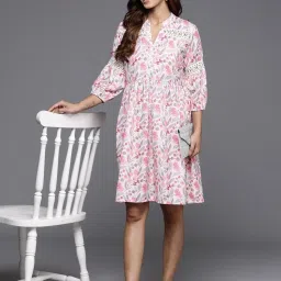 Libas Beige Cotton Floral A Line Dress image 3