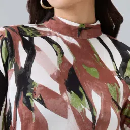 Globus Women Brown High Neck Back Tie-Up Long Sleeves Abstract Brushstroke Print Mini A-Line Dress image 5