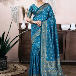Satrani Blue Silk Blend Woven Saree With Unstitched Blouse-picture-41