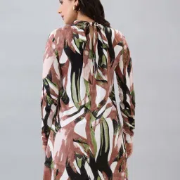 Globus Women Brown High Neck Back Tie-Up Long Sleeves Abstract Brushstroke Print Mini A-Line Dress image 2