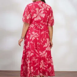 Globus Gloplus Women Pink V-Neck Floral Print Waist Tie-Up Tiered Plus Size A-Line Maxi Dress image 2