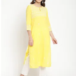 savi india Savi Yellow Cotton Straight Embroidered Kurta kurtis image 3