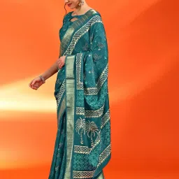 Saree Mall Blue Printed Sarees With Unstitched Blouse image 3
