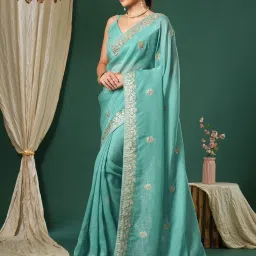Saree Mall Turquoise Embroidered Sarees With Unstitched Blouse image 3