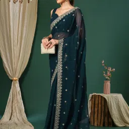 Saree Mall Blue Embroidered Sarees With Unstitched Blouse image 3