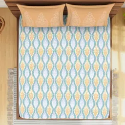 Spaces Atrium Printed Light Blue Cotton Queen Fitted Bed Sheet with 2 Pillow Covers image 4