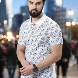 Kryptic White Regular Fit Floral Print Cotton Polo T-Shirt-picture-13