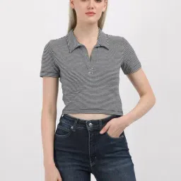 TOMMY HILFIGER Navy & White Cotton Striped Crop T-Shirt-picture-17