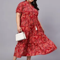Indietoga Women Cotton Floral Printed Puff Sleeve Fit & Flare Casual Maxi Dress-image-77