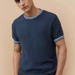 Code By Lifestyle Blue Regular Fit Textured T-Shirts-picture-3