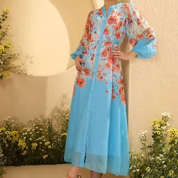 Antheaa Women Floral Printed Flared Sleeve A-Line Midi Dress image 4