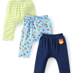 Babyhug Cotton Knit Full Length Beaver Print Diaper Pants Pack of 3 - Blue & Green-picture-19