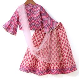 Babyhug Cotton Woven Three Fourth Sleeves Choli With Embroidered Lehenga and Dupatta Set Floral Print - Peach-picture-14