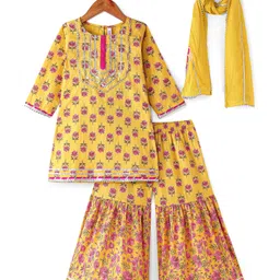 Babyhug Woven Three FourthSleeves Floral Cambric Printed Kurti Gharara & Dupatta Set- Yellow-picture-24