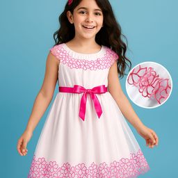 arias by lara dutta Arias Mesh Woven Sleeveless Fit & Flare Party Dress with Floral Embroidery - White & Pink-picture-20