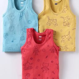 Simply Sinker Knit Sleeveless Vests With Animal Print Pack Of 3 - Light Blue Yellow & Red-picture-7
