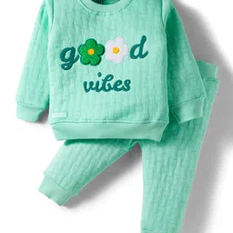 Little Darlings Knit Full Sleeves Winter Wear T-Shirt & Lounge Pant Set With Floral Embroidery - Light Green-picture-31