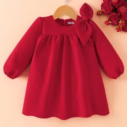 Mark & Mia Full Peasant Sleeves Solid Winter Frock with Bow Applique - Red-picture-12