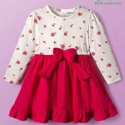 Babyoye 100% Cotton Woven Full Sleeves Frock With Floral Print & Bow Applique - White & Red image 1