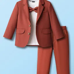 Robo Fry Cotton Woven Full Sleeves Solid Color Party Blazer & Trouser Set with Inner Tee & Bow Applique - Rust Orange-picture-13