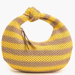 Boho girl Striped Raffia Handwoven Tote Shoulder Handbag with Knot Handle Yellow & Beige-image-11
