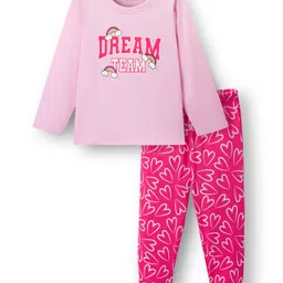Honeyhap Premium Cotton Knit Bio Finish Full Sleeves Night Suit with Dream & Heart Print - Pink-picture-15