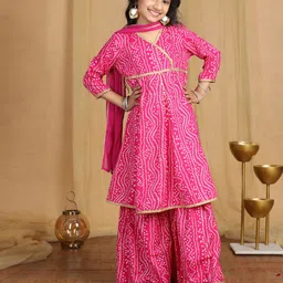 Cutiekins Viscose Rayon Woven Three Fourth Sleeves Bandhani Printed & Gota Lace Embellished Kurti Sharara With Dupatta Set - Magenta & White-image-85