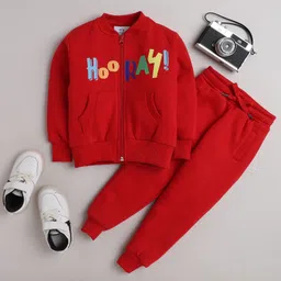 Knitting Doodles Fleece Woven Full Sleeves Hooray Text Printed Jacket With Joggers Set - Red-picture-26
